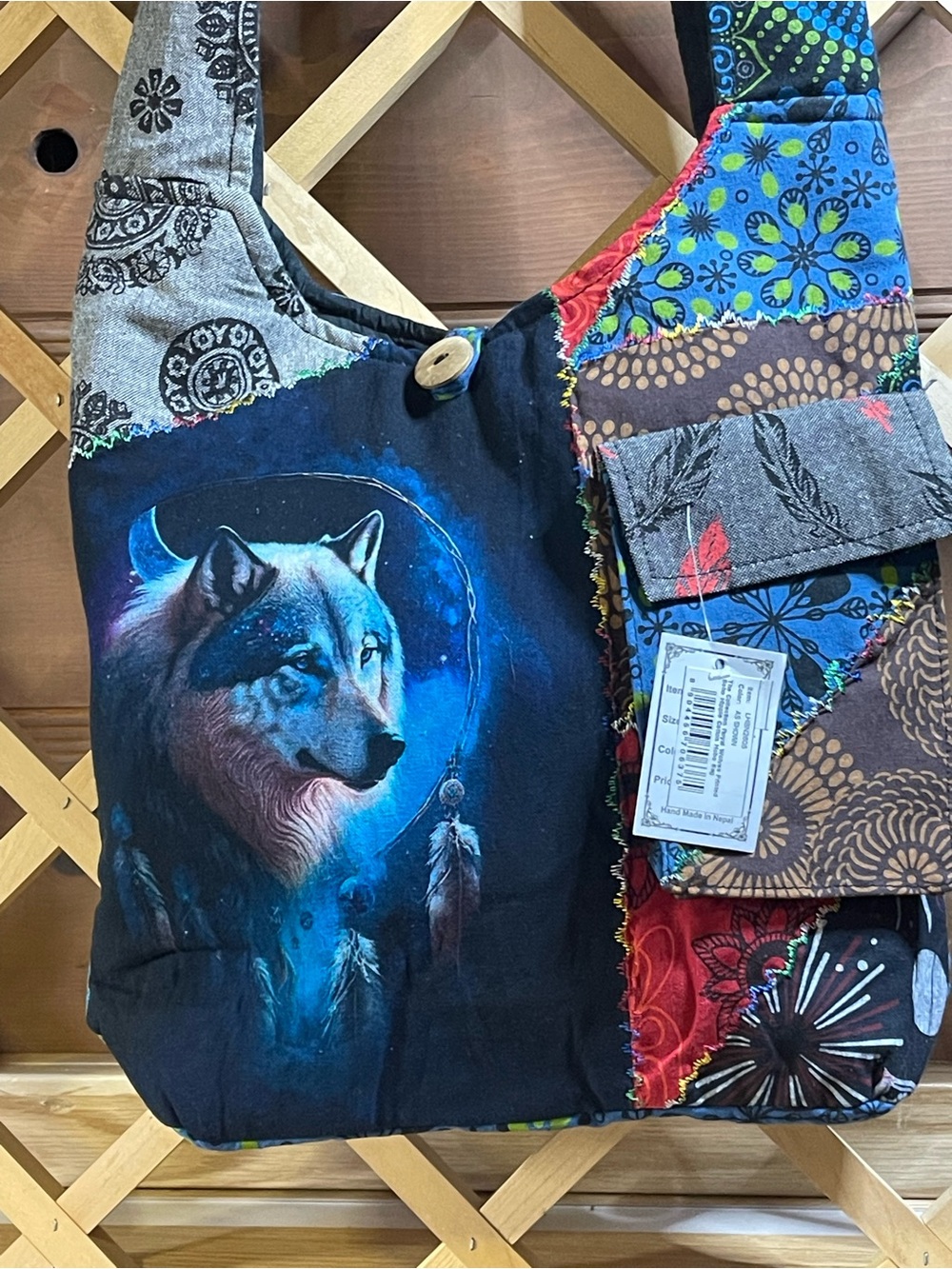 NWT Wolf Dreamcatcher Patchwork Shoulder Bag/Large Boho Crossbody/ Cotton